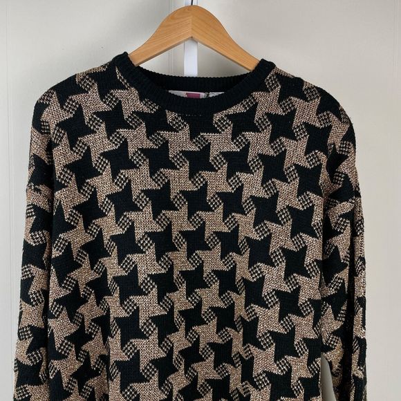Vintage‎ 80s Sheridan Square Sweater Black Metallic Gold Houndstooth Oversized L - Picture 3 of 7